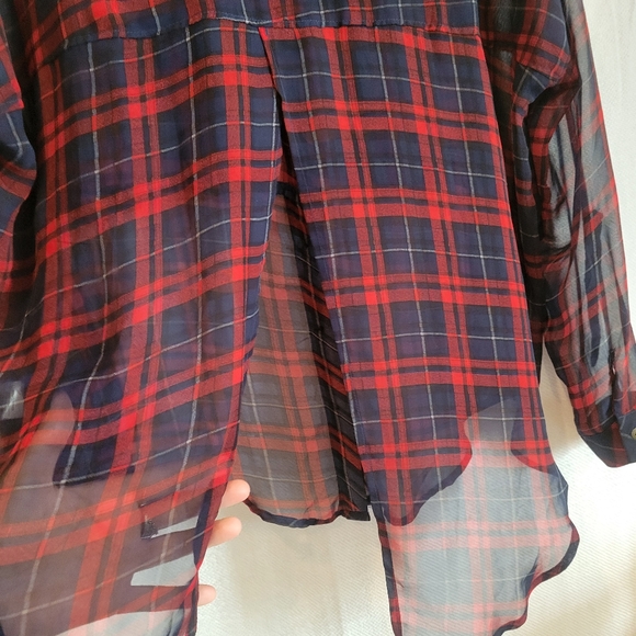 Windsor Sheer plaid Button down Open back Top hi low blouse size Medium - Picture 6 of 6